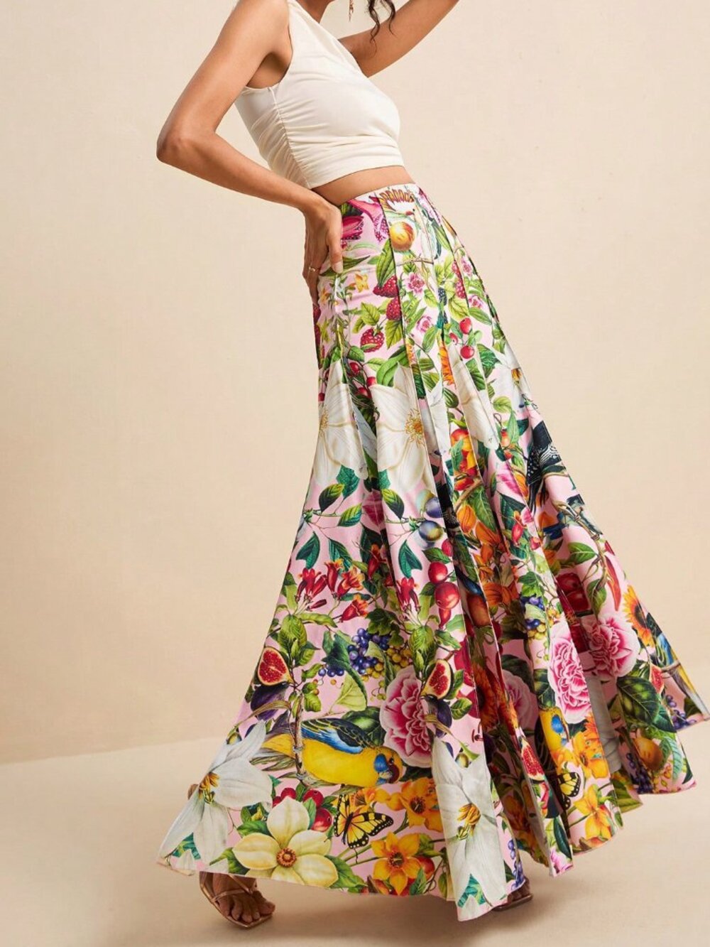 Multicolor Boho Women's Tropical Floral Allover Print Pleated Skirt - Picture 5 of 8